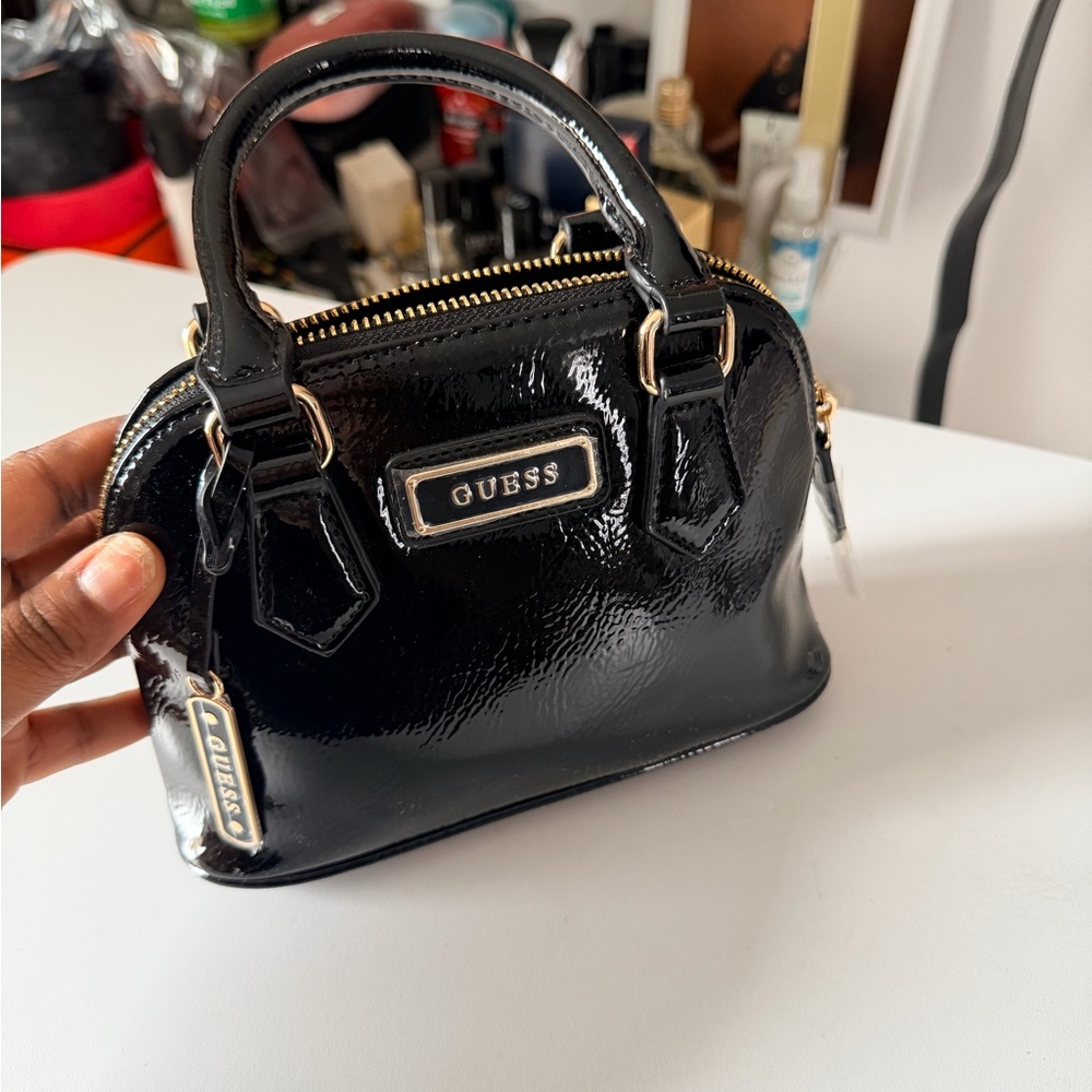 GUESS Black Patent Mini Satchel with Gold Hardware